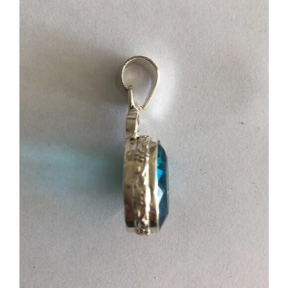 Sterling Silver Pendant Faceted Fx Blue Topaz Quartz Glass - Picture 12 of 13